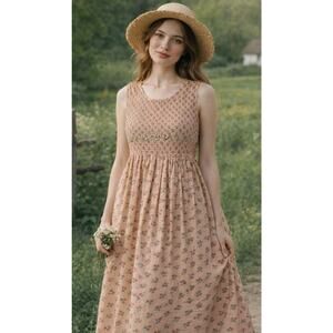 VTG 90s April Cornell Dress XL Pink Floral Maxi Prairie Boho Cottagecore Embroid